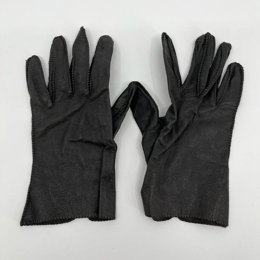 Vtg Black Deer Leather Driving Gloves Womens 8 Short Wrist Dress Tea Party Femme